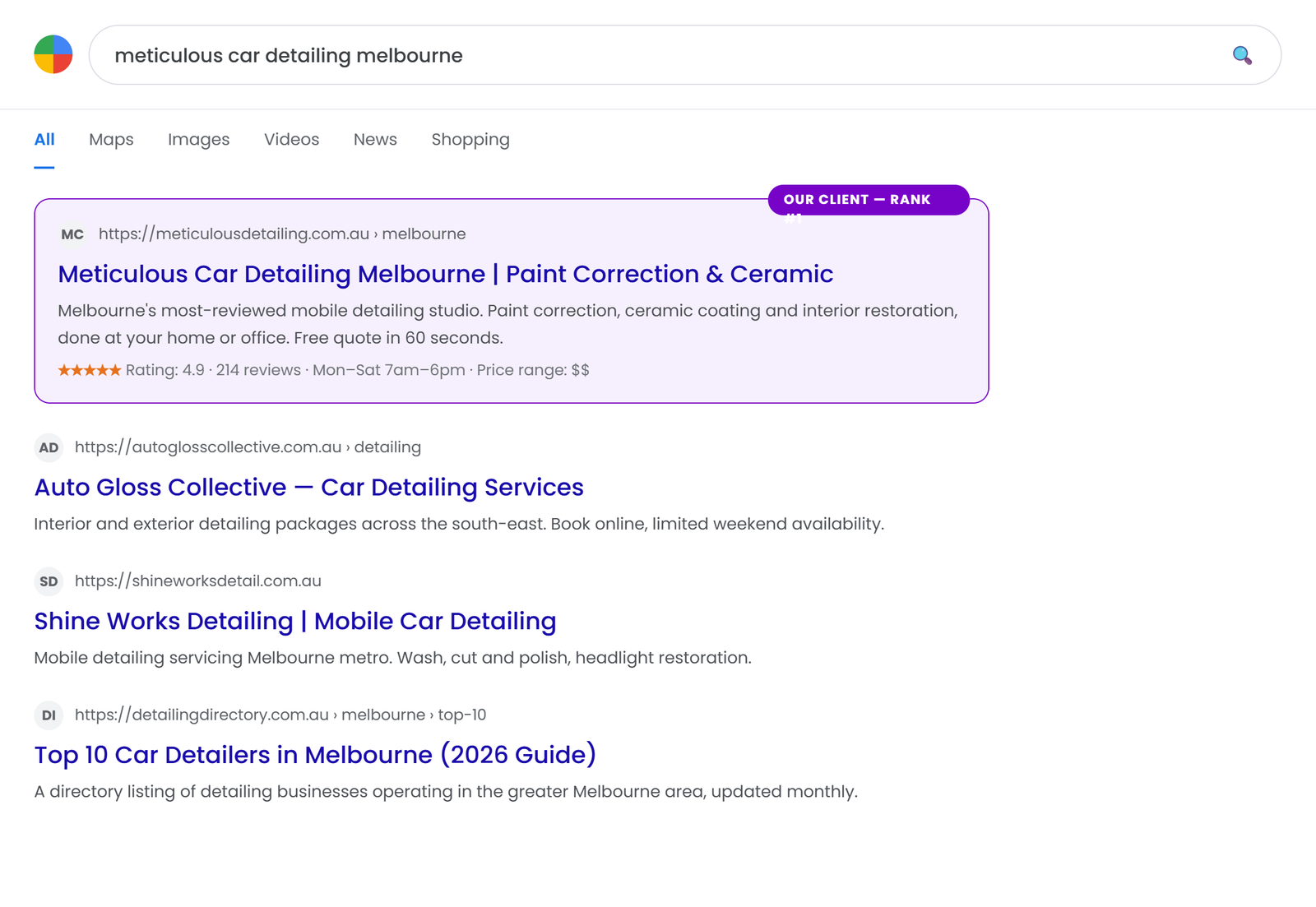 Client ranking #1 in Google search